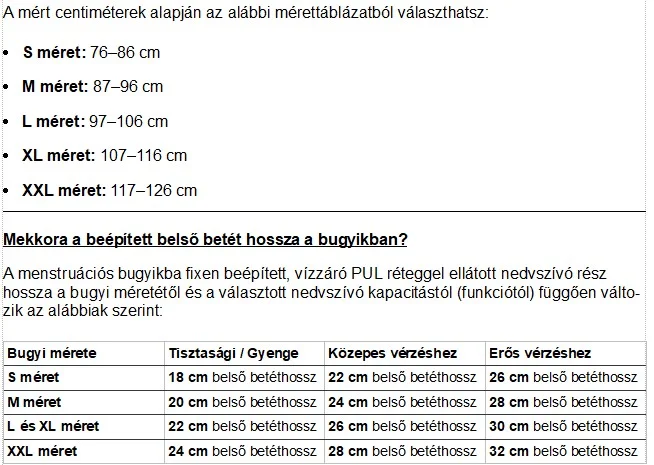 menstruációs bugyi mérettáblázat árakkal
